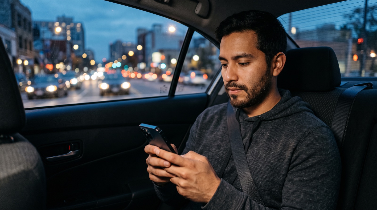 Pasajero revisando su teléfono en el asiento trasero de un auto